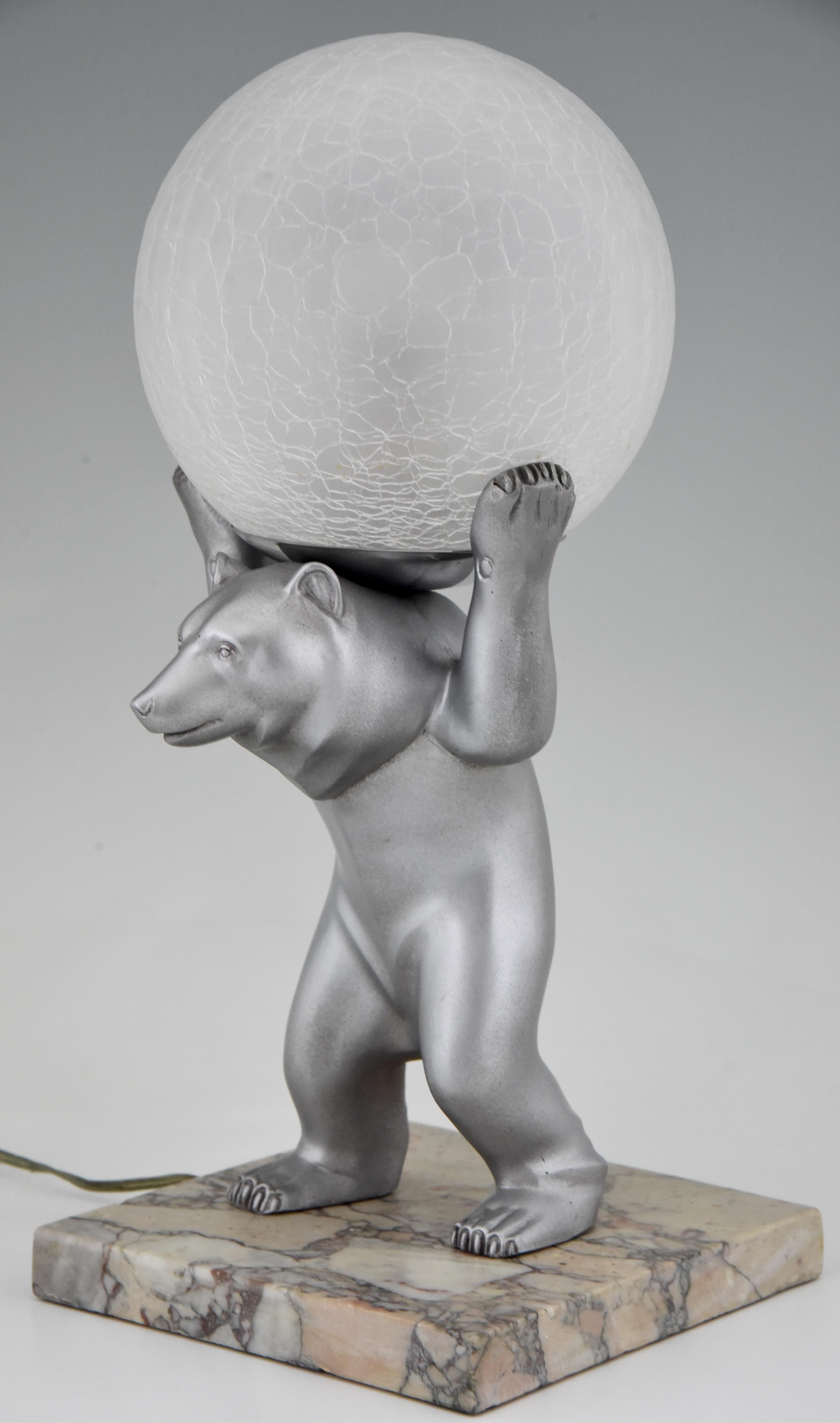 French Art Deco Bear Lamp with Crackle Glass Globe by Rochard, France, 1930 2