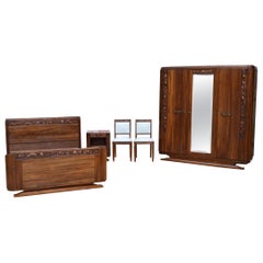 French Art Deco Bedroom Set in Solid Carved Wood, Blooming Shrubs Theme, 1920s