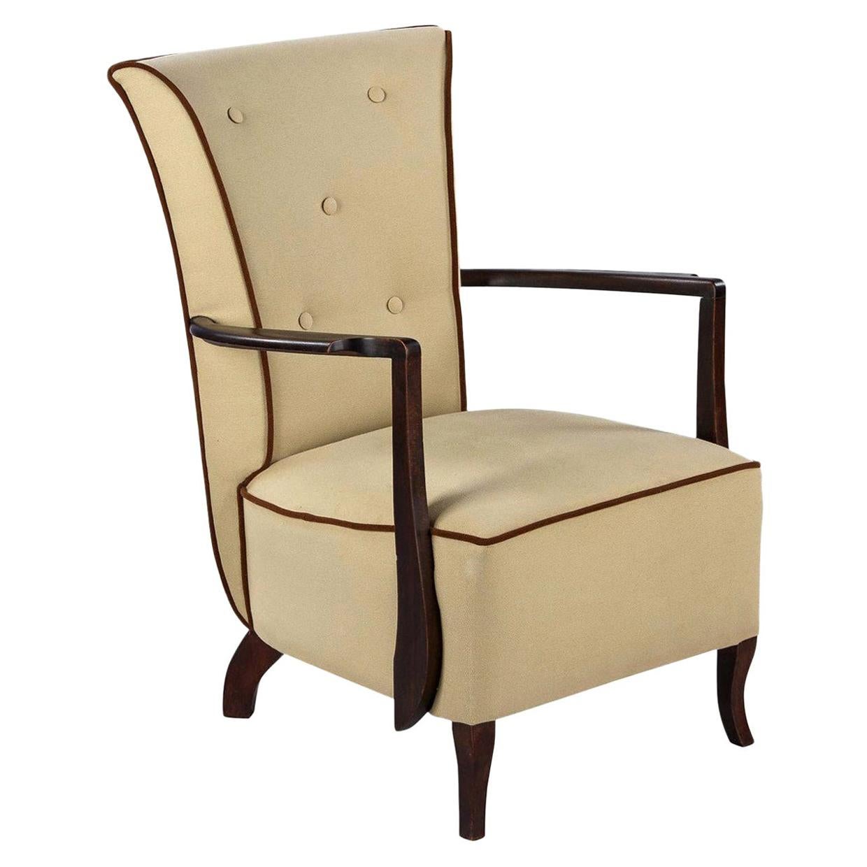 French Art Deco Beechwood Upholstered Armchair, 1940s