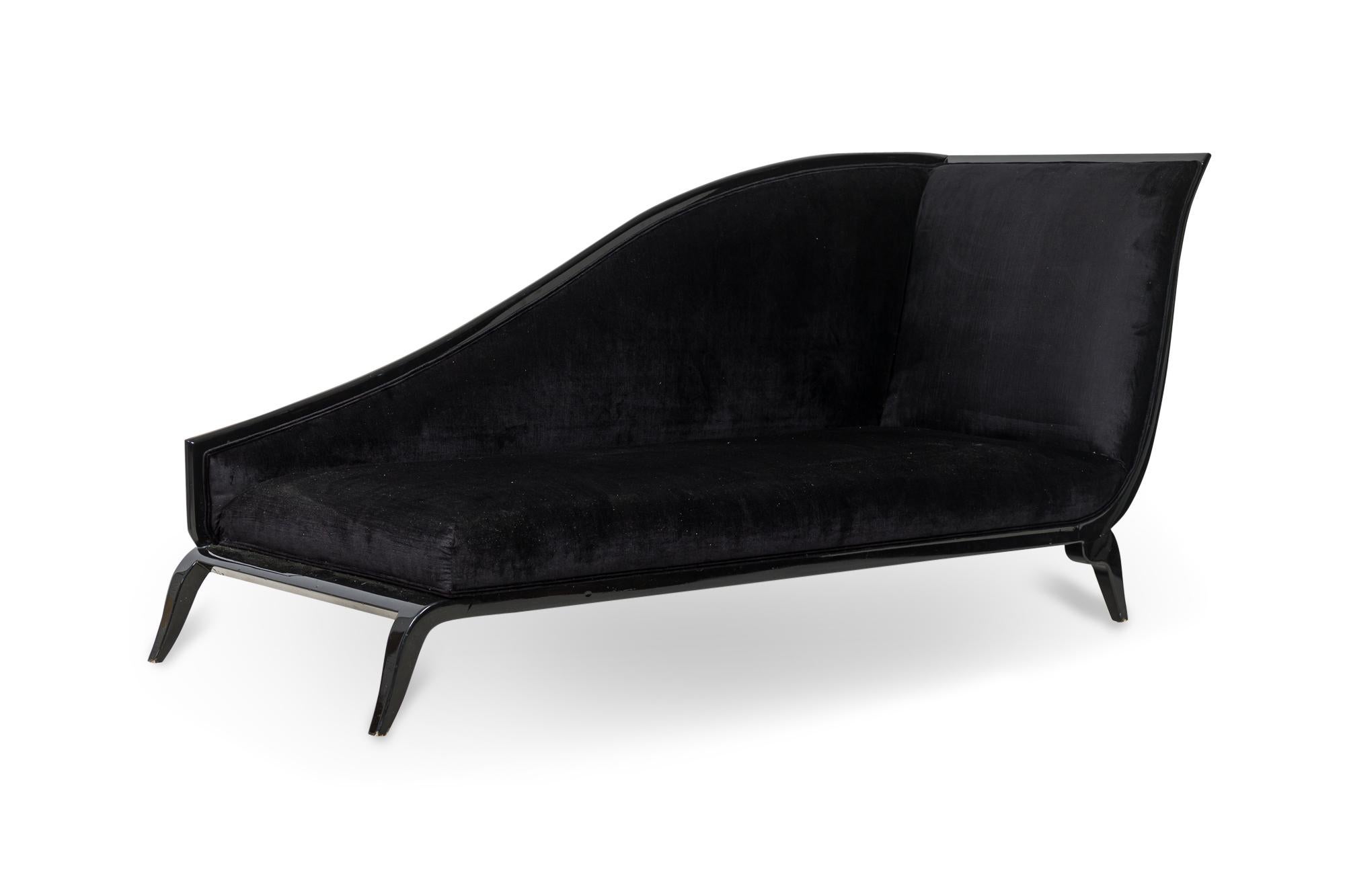 French Art Deco Black Lacquered and Black Upholstered Sleigh Recamier in vendita 1