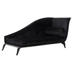 French Art Deco Black Lacquered and Black Upholstered Sleigh Recamier