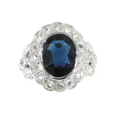 French Art Deco Belle Époque Engagement Ring with Diamonds and Natural Sapphire