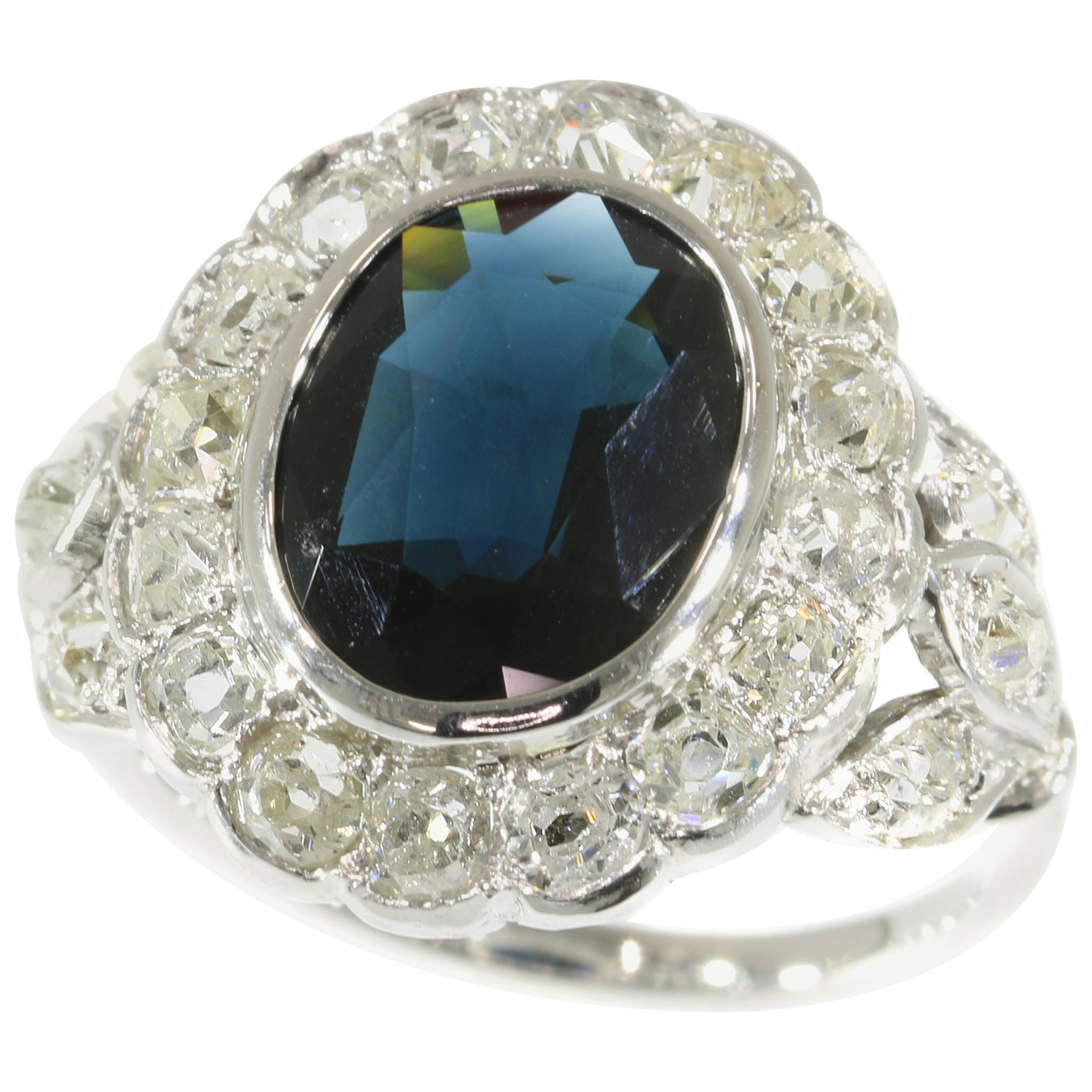 French Art Deco Belle Époque Engagement Ring with Diamonds and Natural Sapphire For Sale