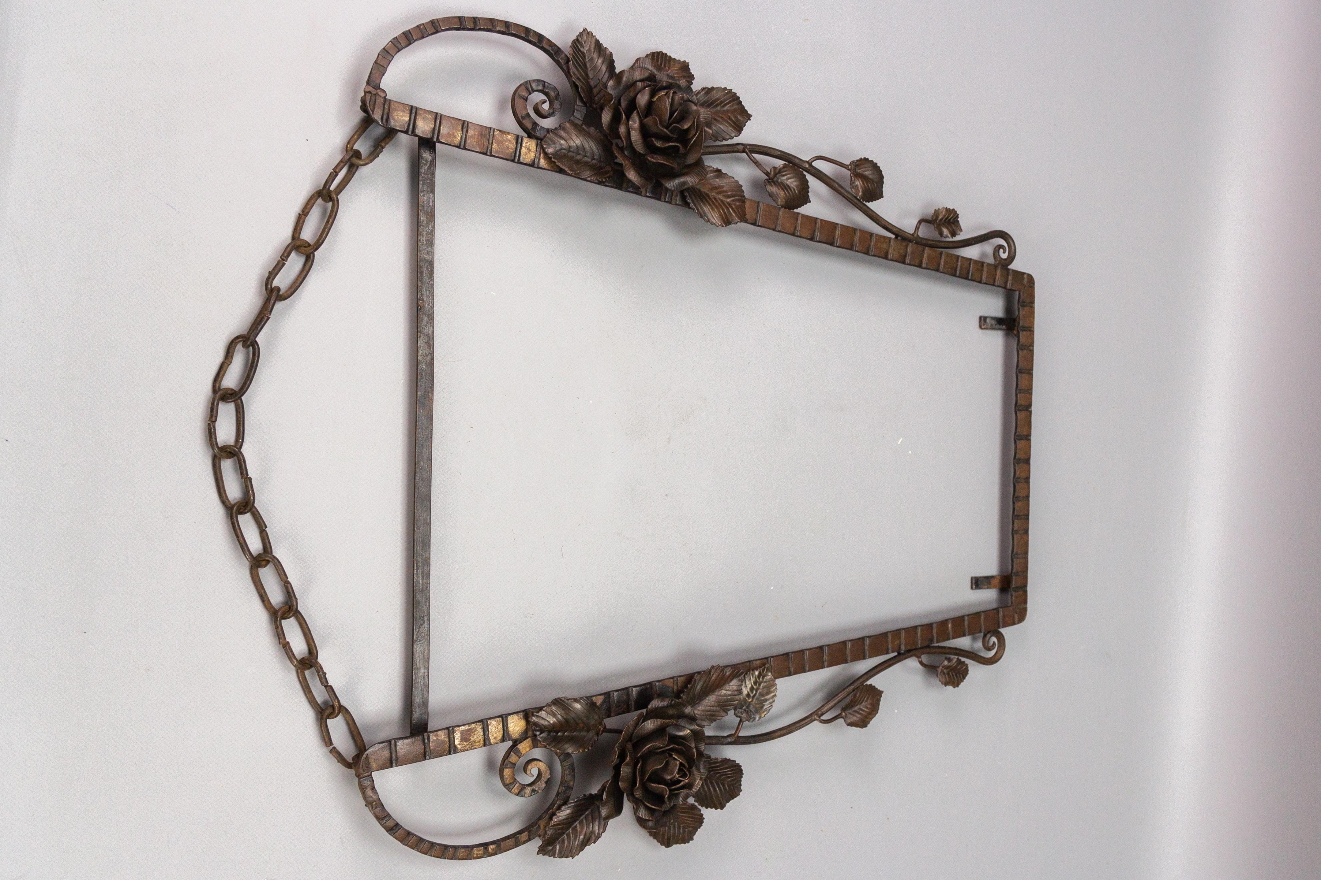 French Art Deco Beveled Wall Mirror with Wrought Iron Frame Roses, 1930s For Sale 6