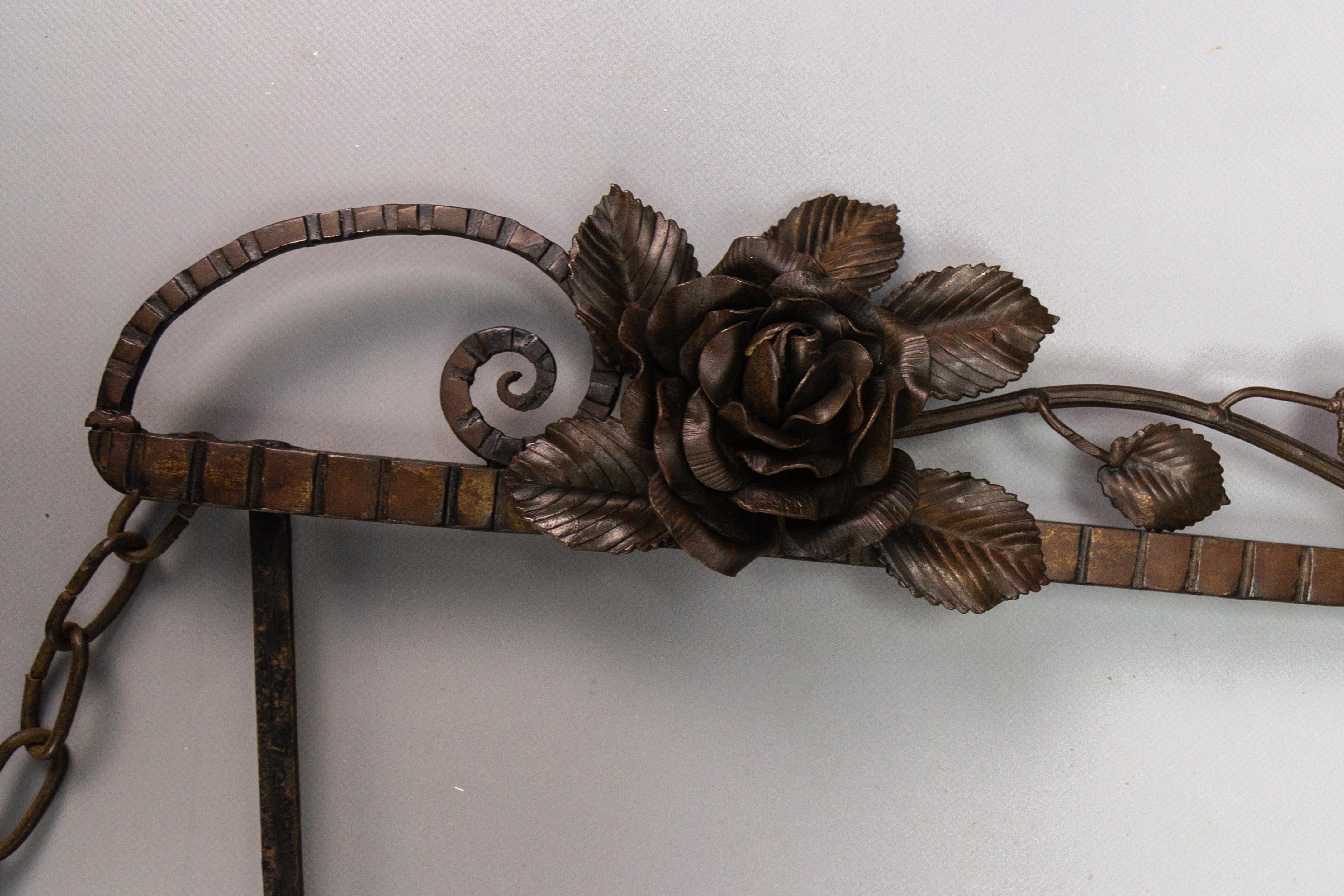 French Art Deco Beveled Wall Mirror with Wrought Iron Frame Roses, 1930s For Sale 7
