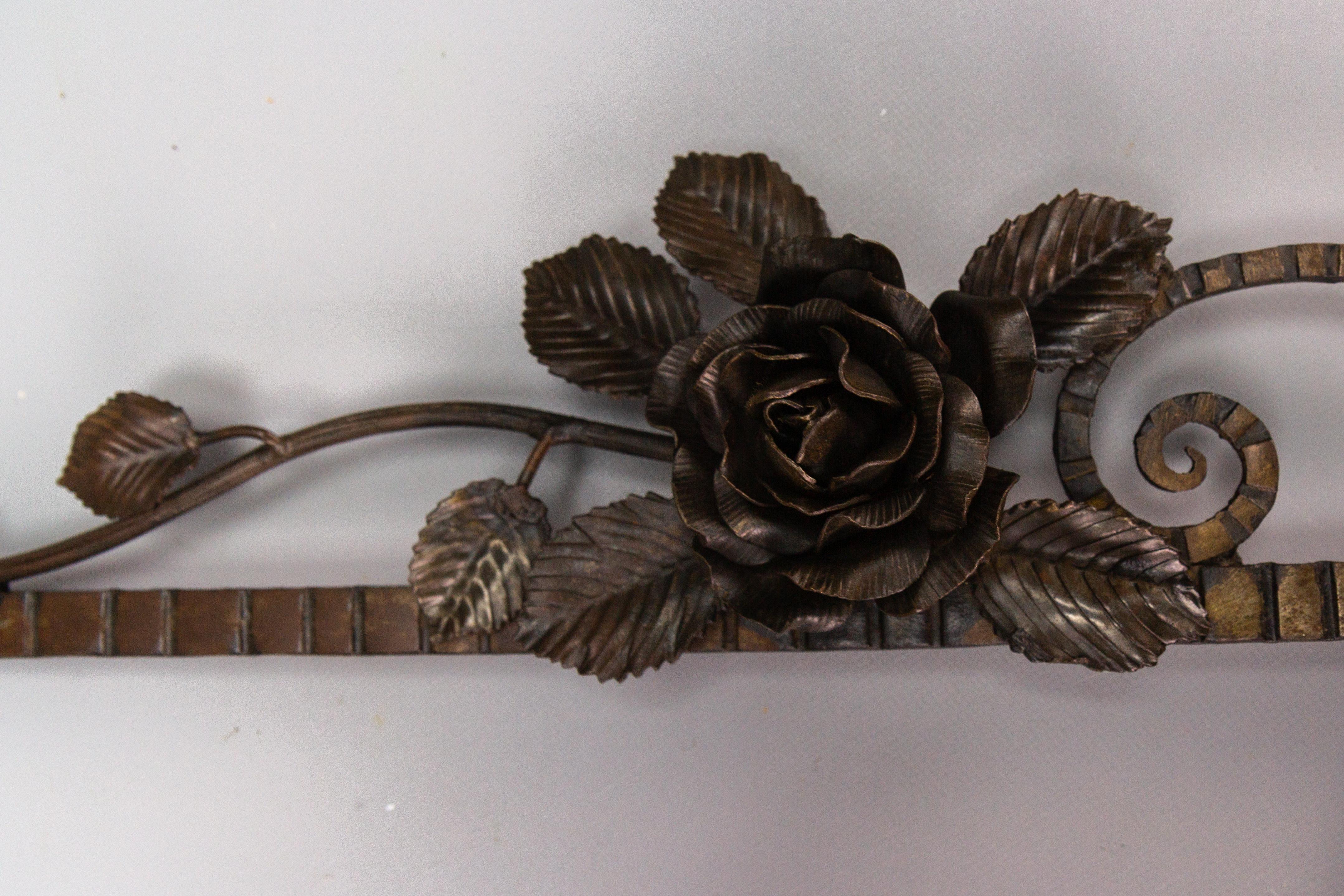 French Art Deco Beveled Wall Mirror with Wrought Iron Frame Roses, 1930s For Sale 8