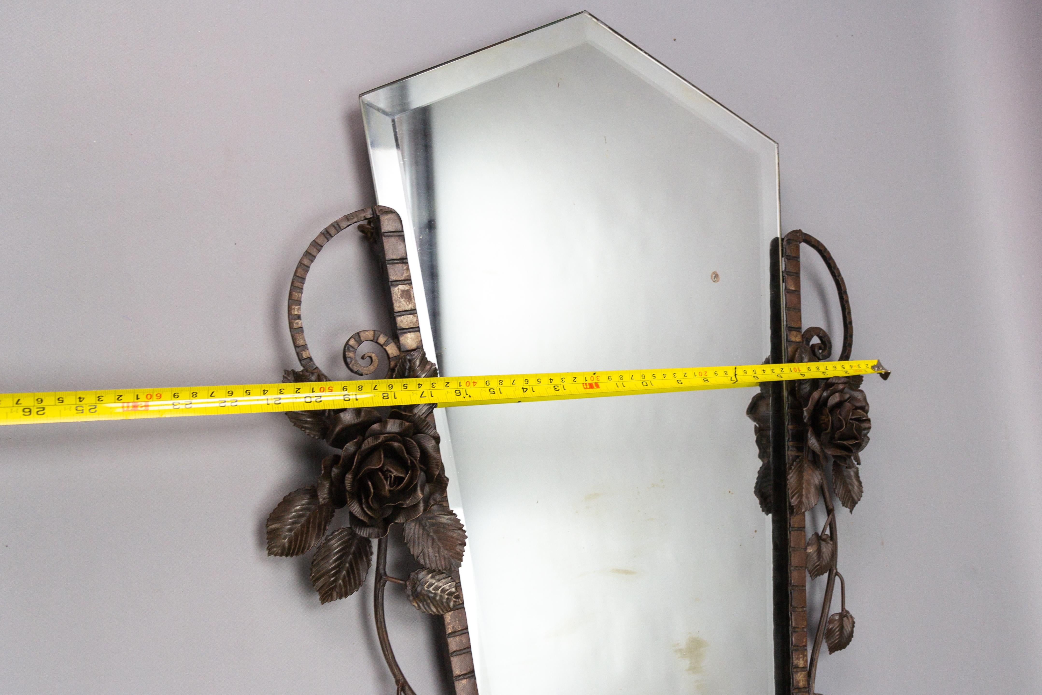 French Art Deco Beveled Wall Mirror with Wrought Iron Frame Roses, 1930s For Sale 12