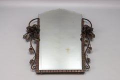 French Art Deco Beveled Wall Mirror with Wrought Iron Frame Roses, 1930s