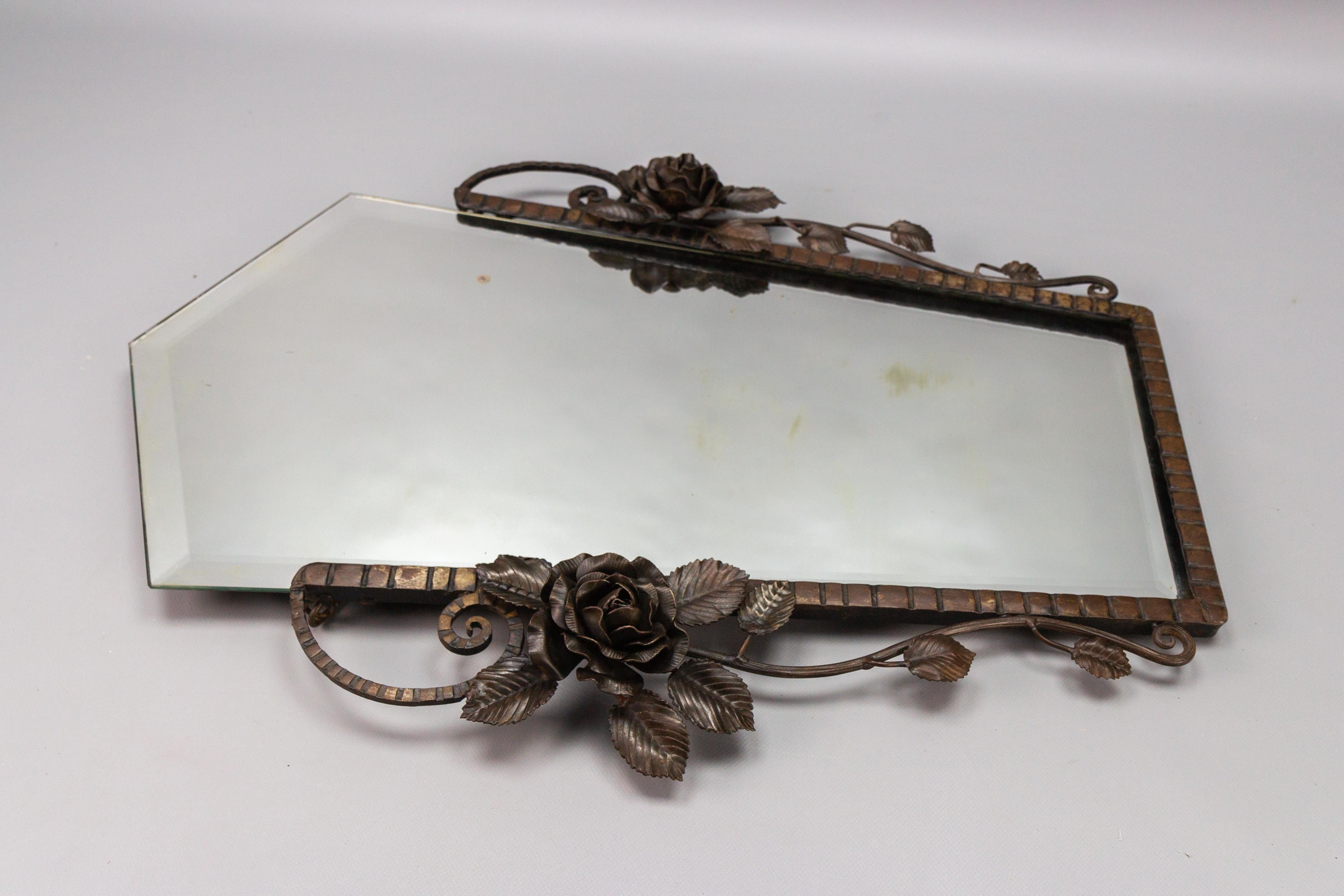 French Art Deco Beveled Wall Mirror with Wrought Iron Frame Roses, 1930s For Sale 16