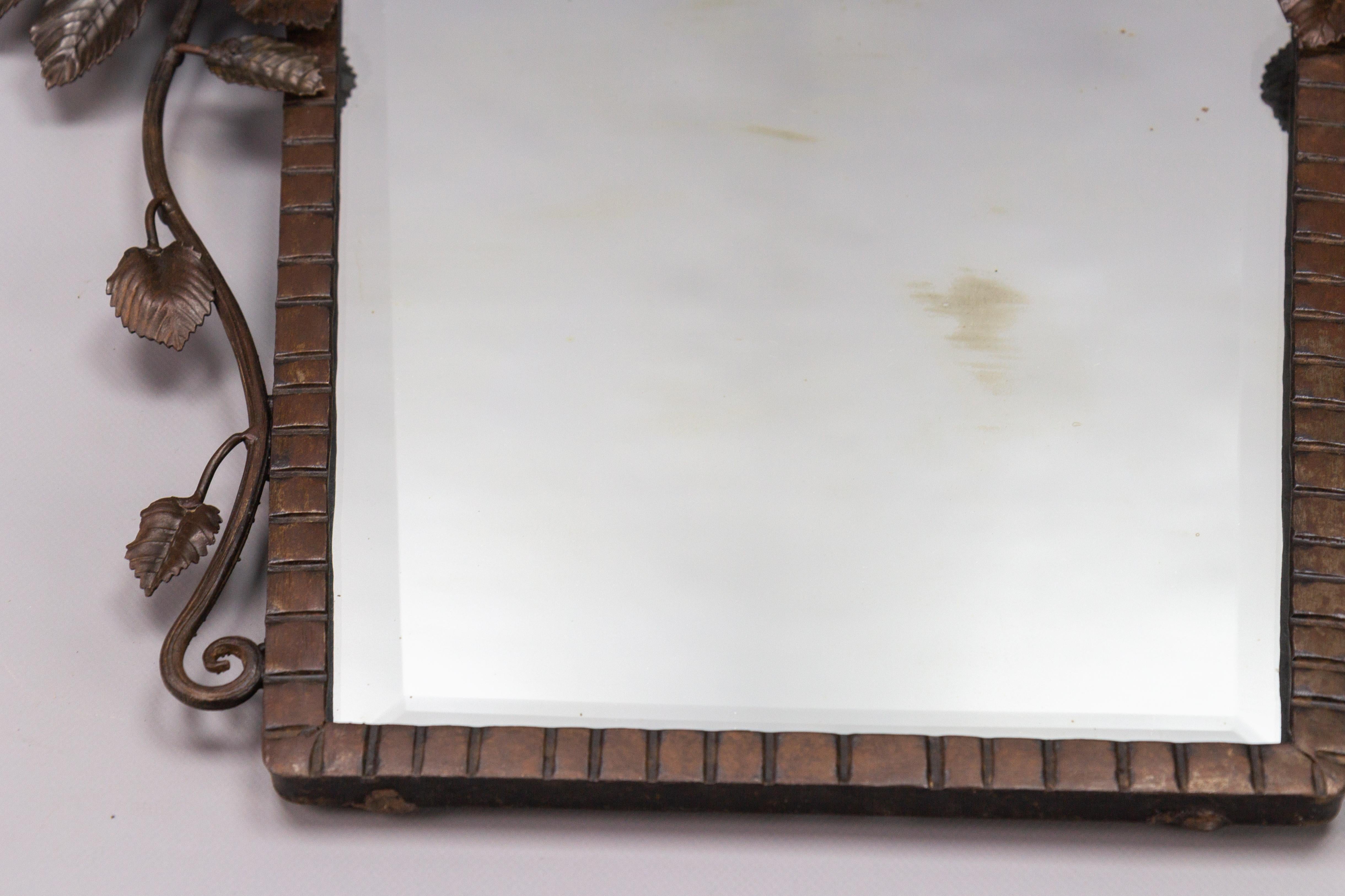 French Art Deco Beveled Wall Mirror with Wrought Iron Frame Roses, 1930s For Sale 2