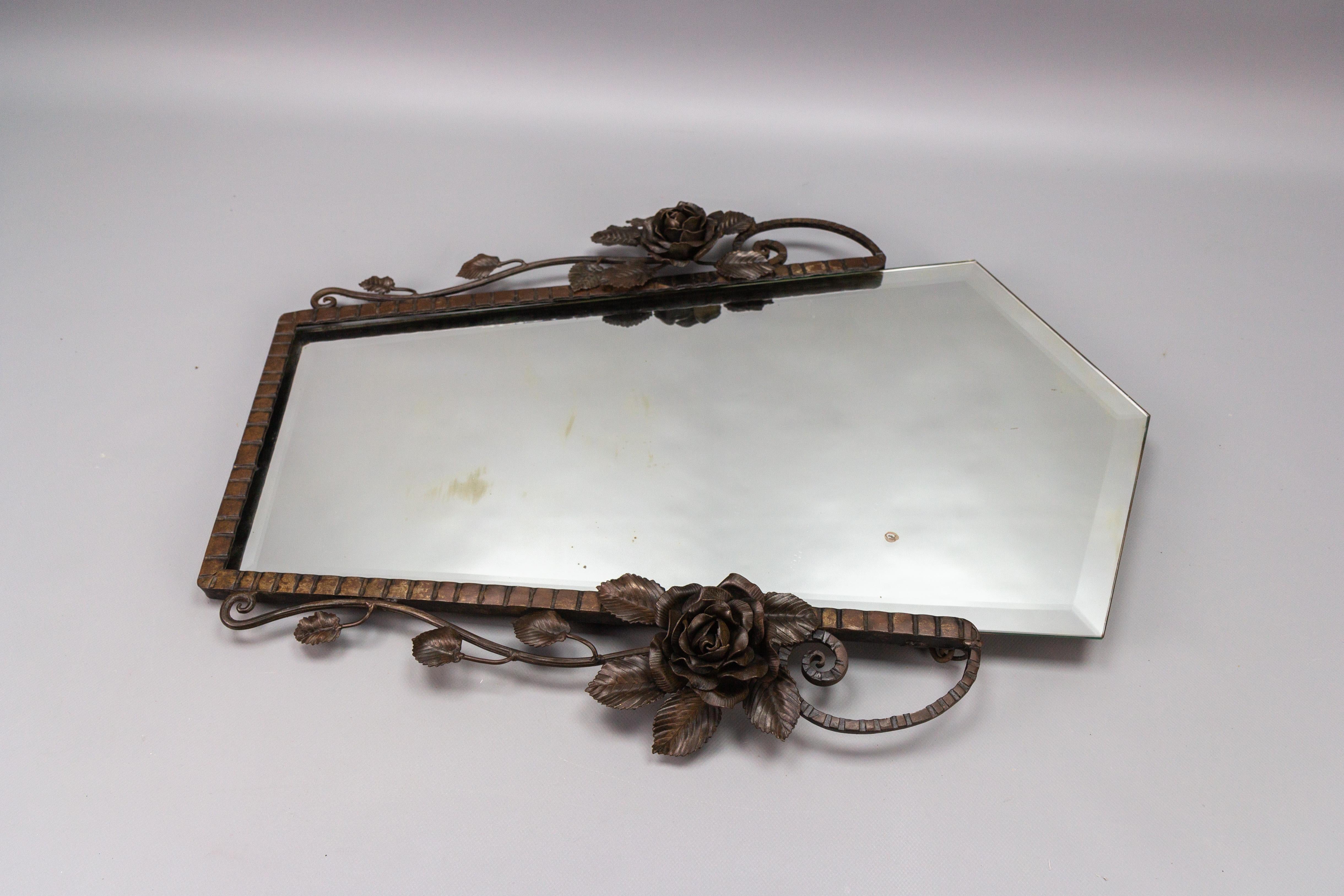 French Art Deco Beveled Wall Mirror with Wrought Iron Frame Roses, 1930s For Sale 3