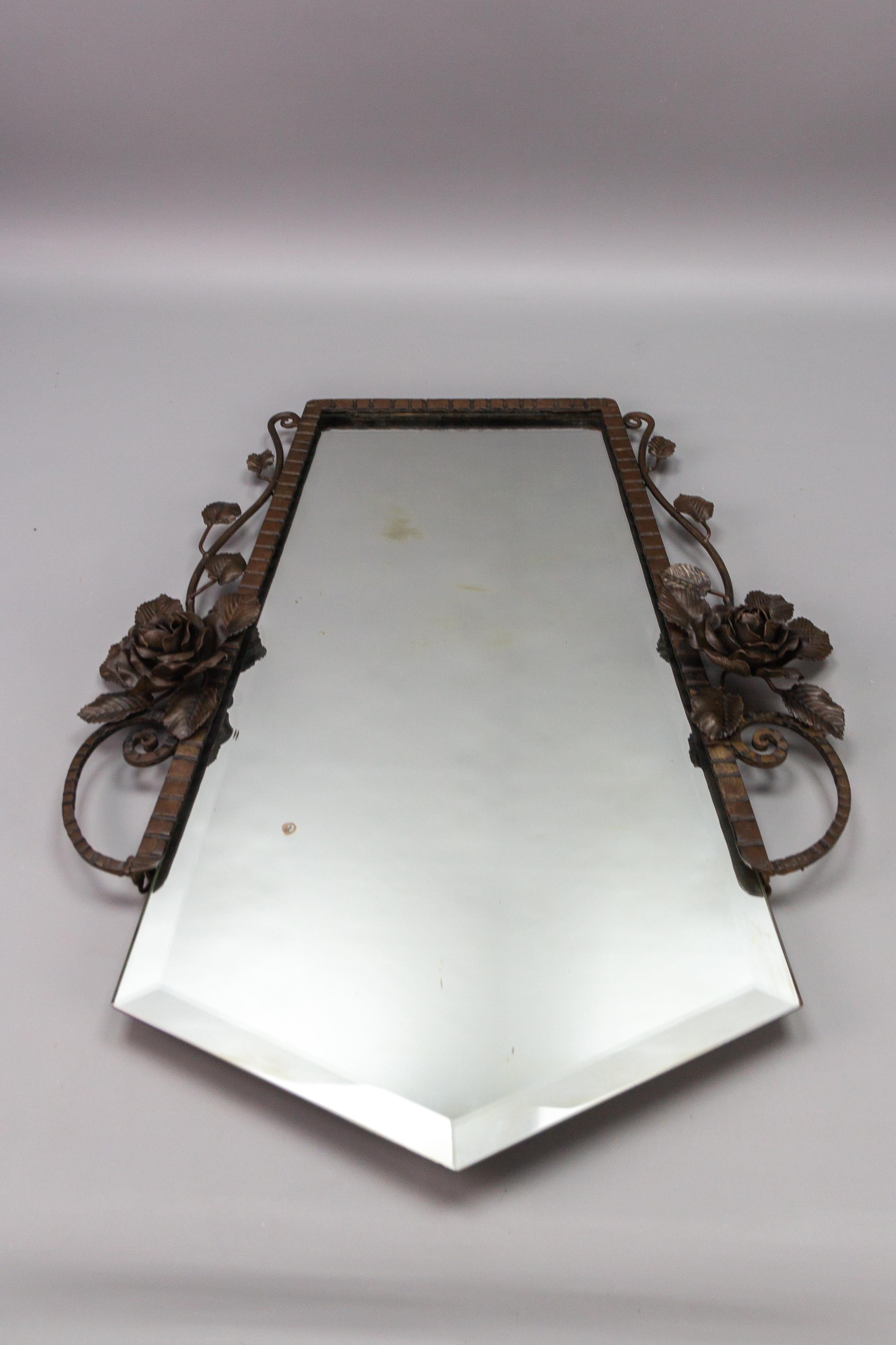 French Art Deco Beveled Wall Mirror with Wrought Iron Frame Roses, 1930s For Sale 4
