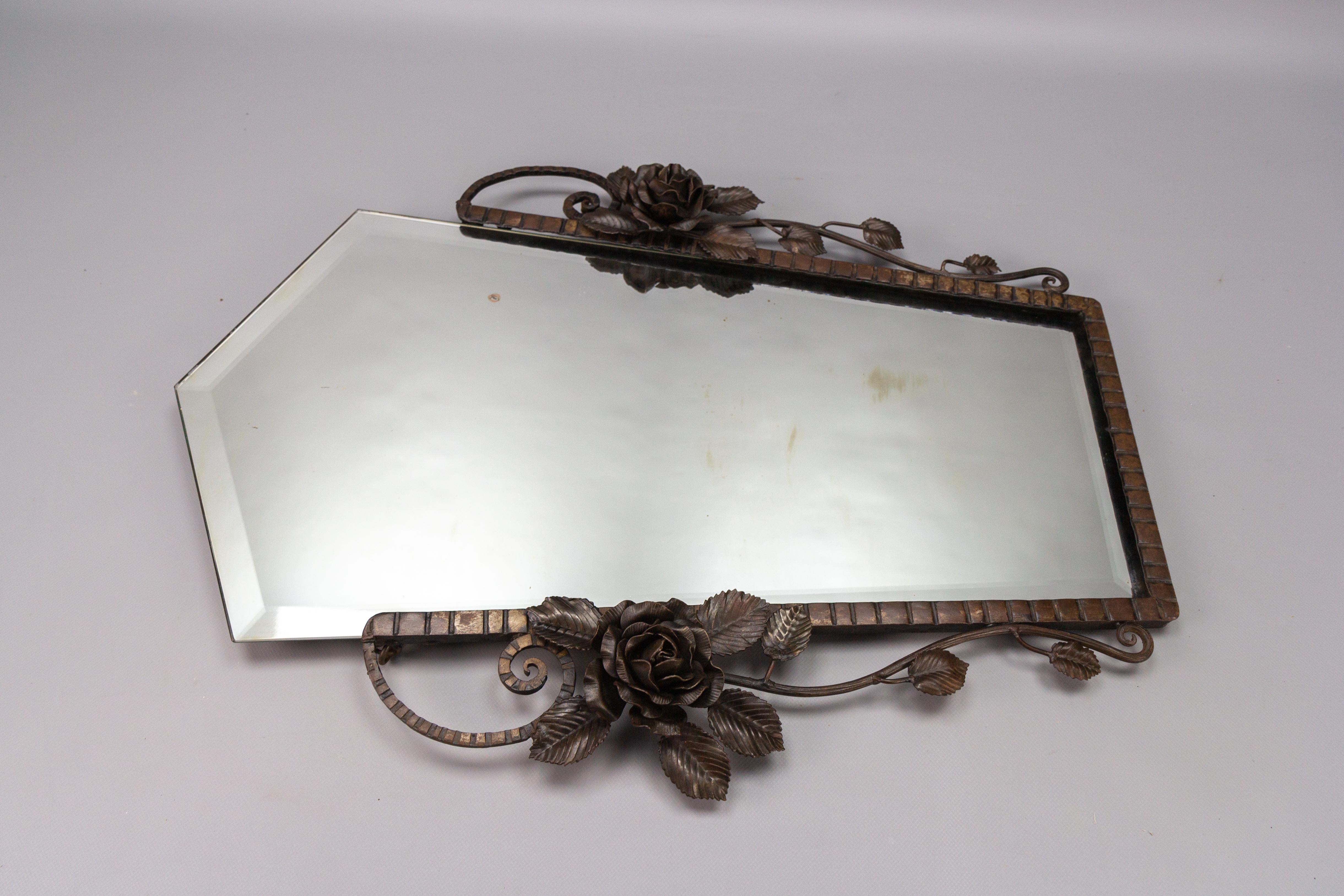 French Art Deco Beveled Wall Mirror with Wrought Iron Frame Roses, 1930s For Sale 5