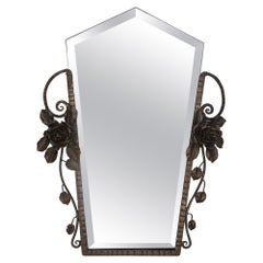 French Art Deco Beveled Wall Mirror with Wrought Iron Frame Roses, 1930s