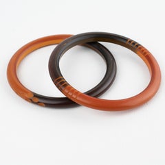 French Art Deco Bi-Color Carved Bakelite Bracelet Bangle Spacer, set 2 pieces