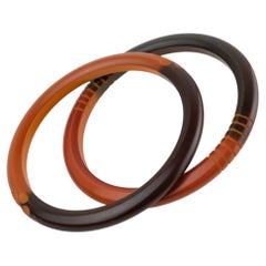 French Art Deco Bi-Color Carved Bakelite Bracelet Bangle Spacer, set 2 pieces