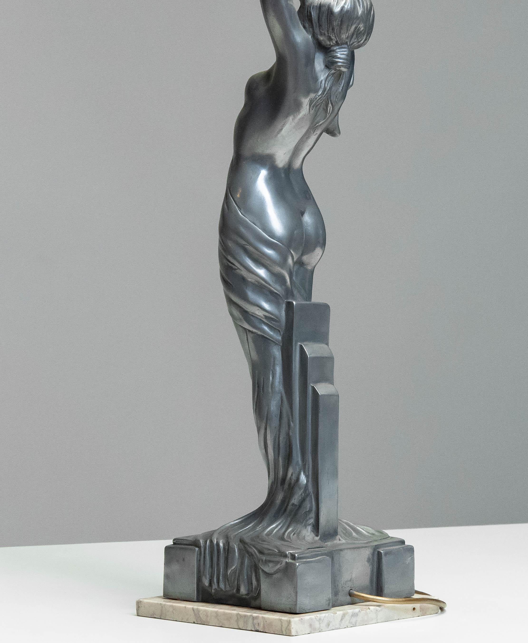 Early 20th Century French Art Deco Biba Woman Table Lamp Pewter on Marble Base For Sale