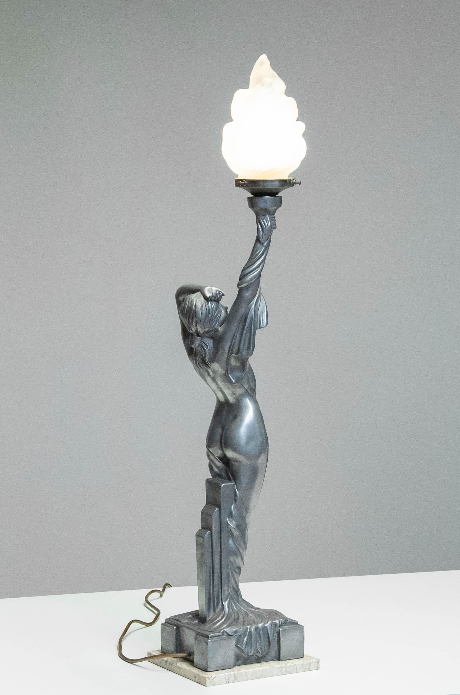 Glass French Art Deco Biba Woman Table Lamp Pewter on Marble Base For Sale
