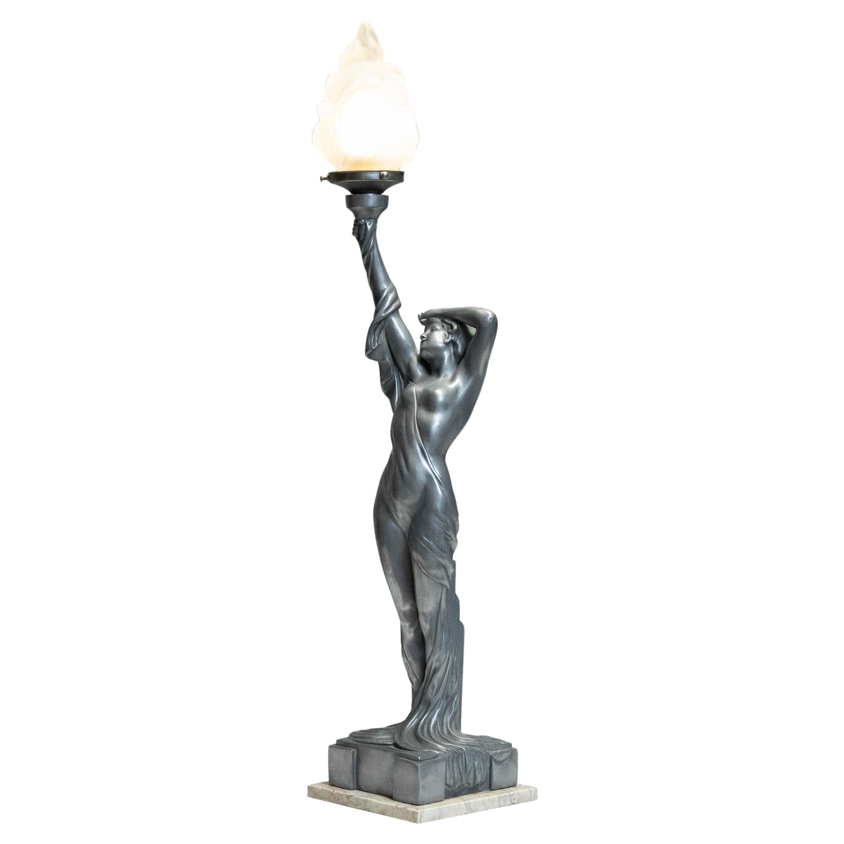 French Art Deco Biba Woman Table Lamp Pewter on Marble Base For Sale