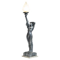 French Art Deco Biba Woman Table Lamp Pewter on Marble Base like Max Le Verrier