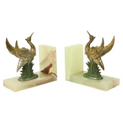 Französisch Art Deco Vogel Buchstützen Alabaster Naturstein 1930er Jahre