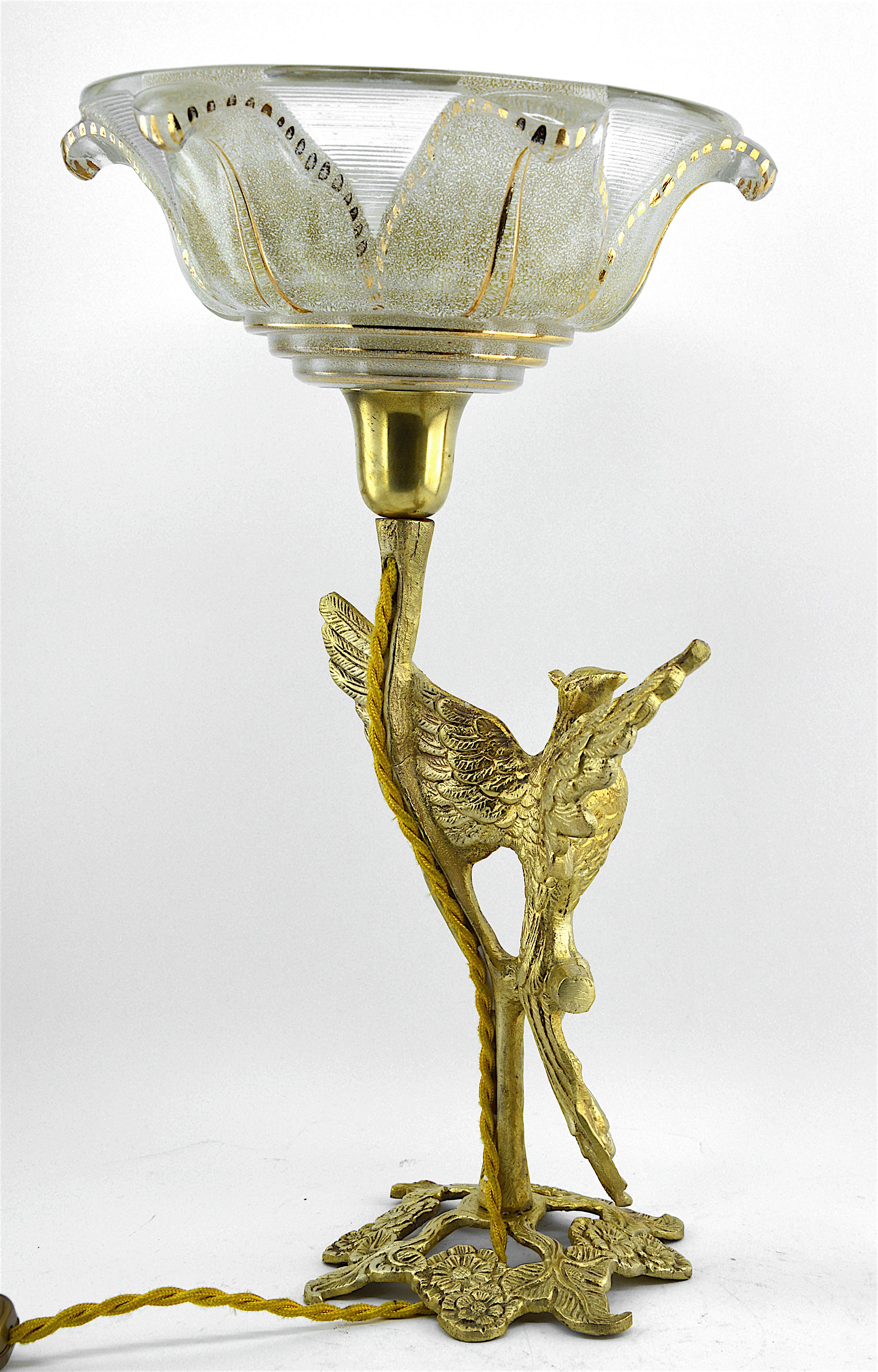 Glass French Art Deco Bird Table Lamp, Late 1930s