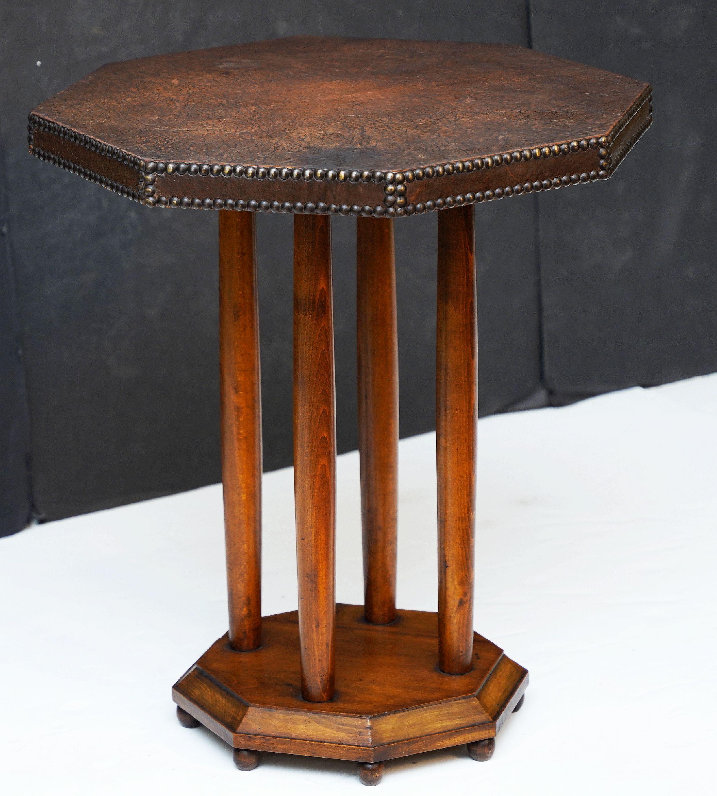 Metal French Art Deco Bistro Occasional Table with Octagonal Top of Leather and Wood For Sale