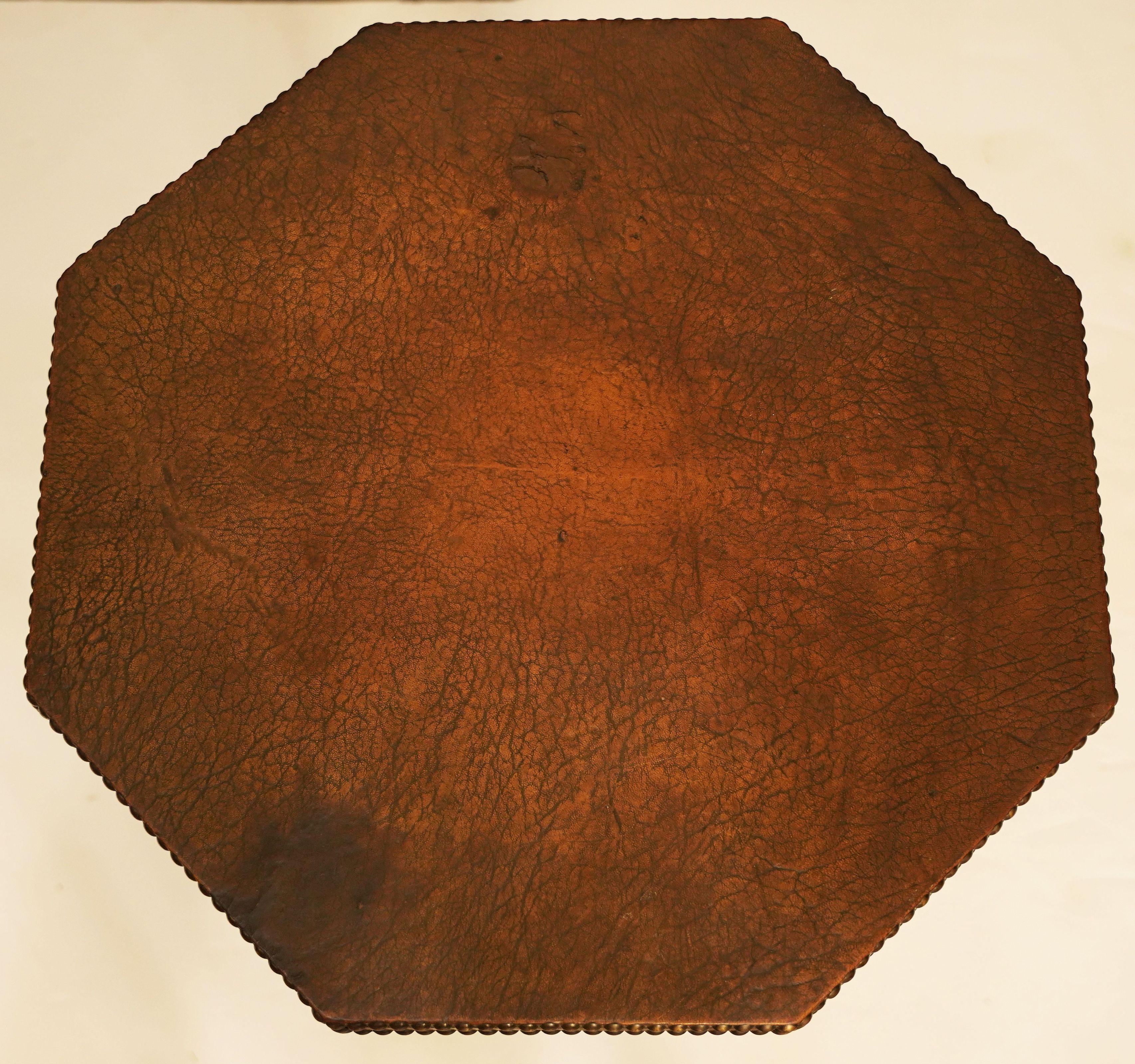 French Art Deco Bistro Occasional Table with Octagonal Top of Leather and Wood For Sale 2