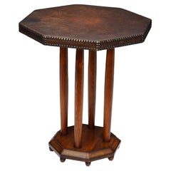 Antique French Art Deco Bistro Occasional Table with Octagonal Top of Leather and Wood
