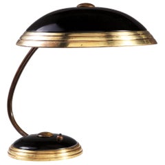 French Art Deco Black and Brass Desk or Table Lamp with Curved Stem