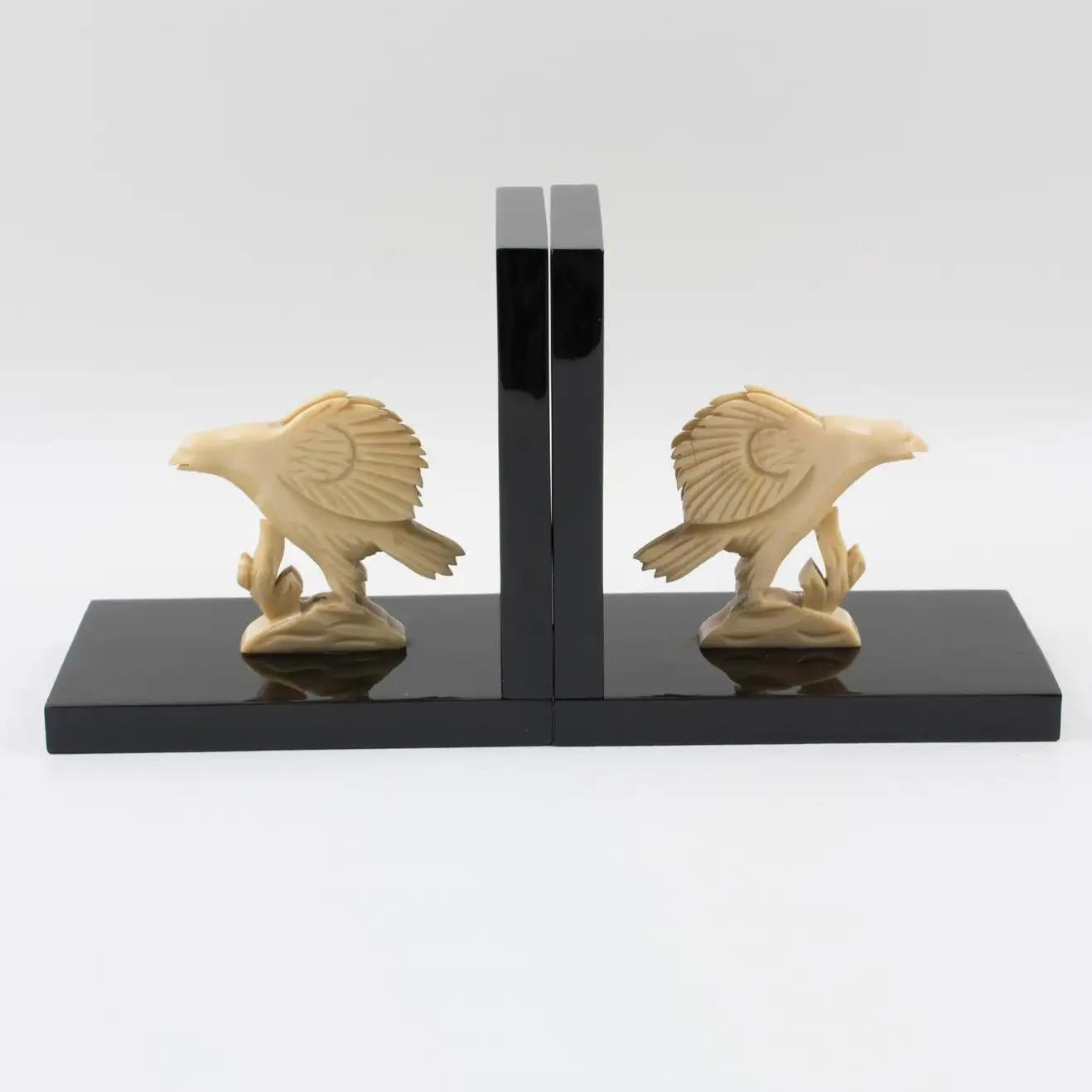 Art Deco Black and White Galalith Eagle Figural Bookends, France 1930s For Sale 3