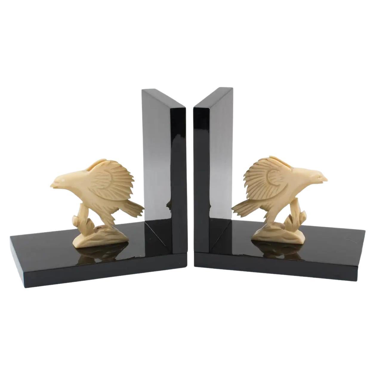 Art Deco Black and White Galalith Eagle Figural Bookends, France 1930s