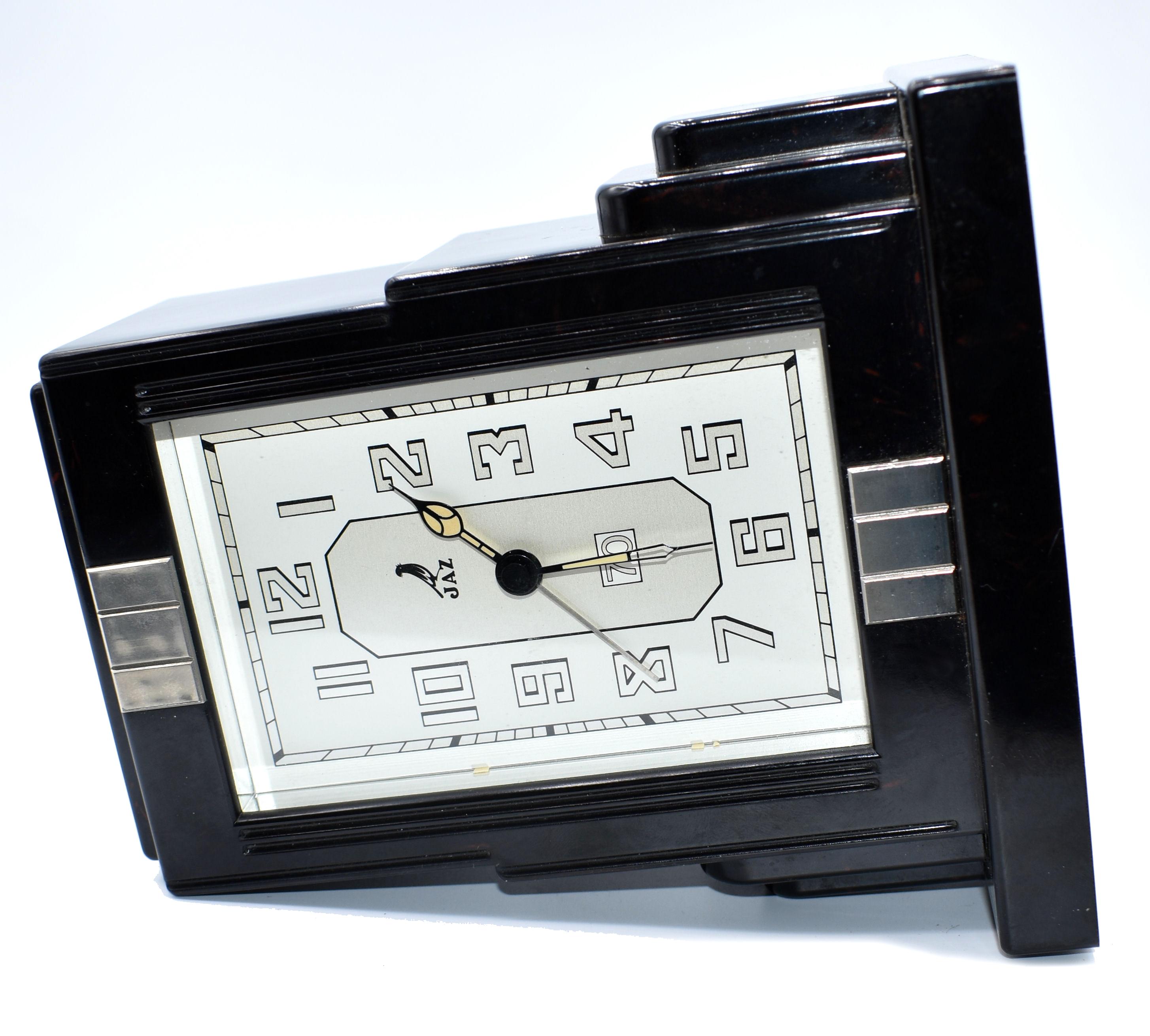 French Art Deco Black Bakelite Clock by JAZ In Good Condition In Devon, England
