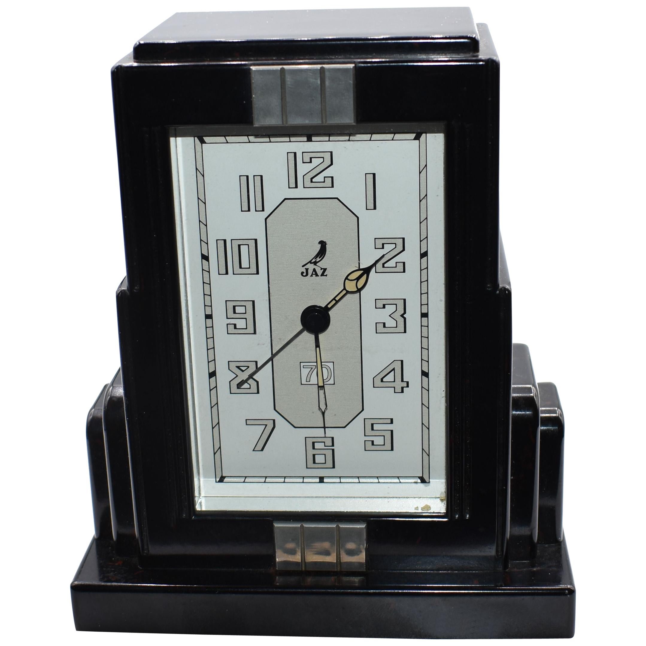 French Art Deco Black Bakelite Clock by JAZ