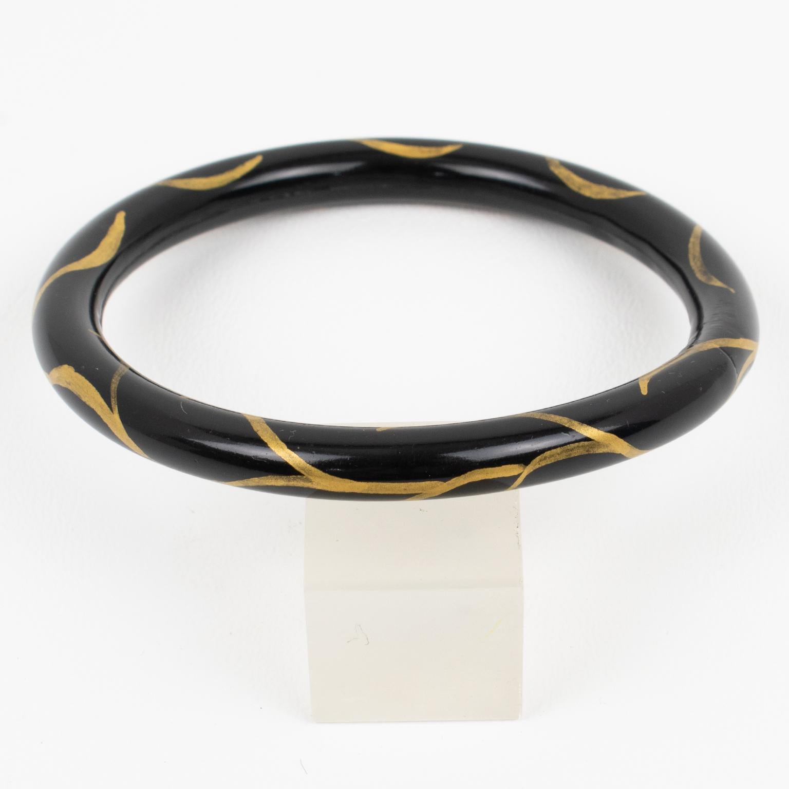 Women's or Men's French Art Deco Black Celluloid Bracelet Bangle with Gold Paint Branches For Sale