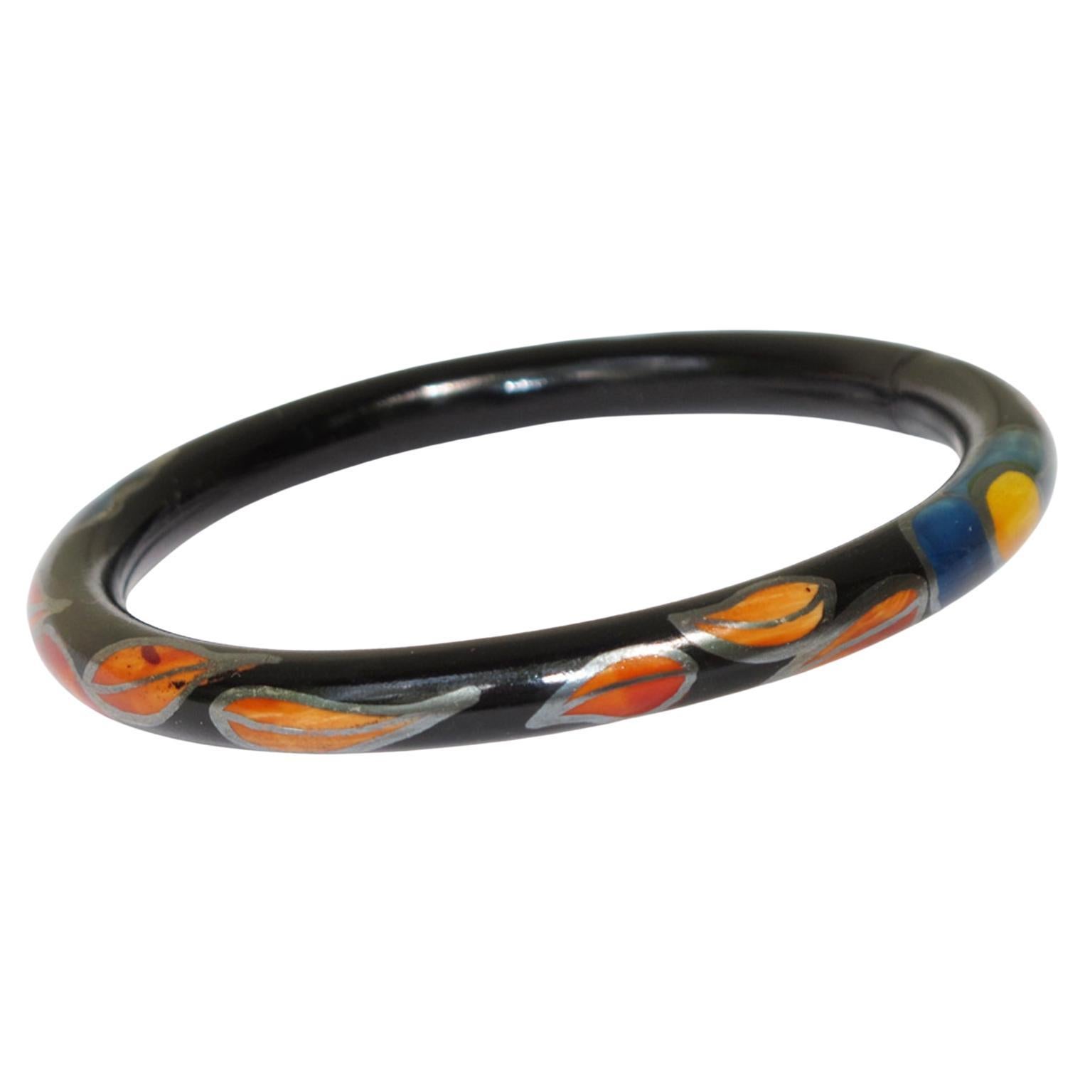 Bracelet Art Déco en celluloïd noir avec design de feuilles en vente
