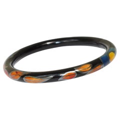 Bracelet Art Déco en celluloïd noir avec design de feuilles