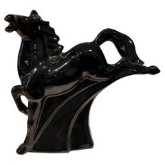 French Art Deco Black Glazed Ceramic Horse Sculpture, circa 1930s