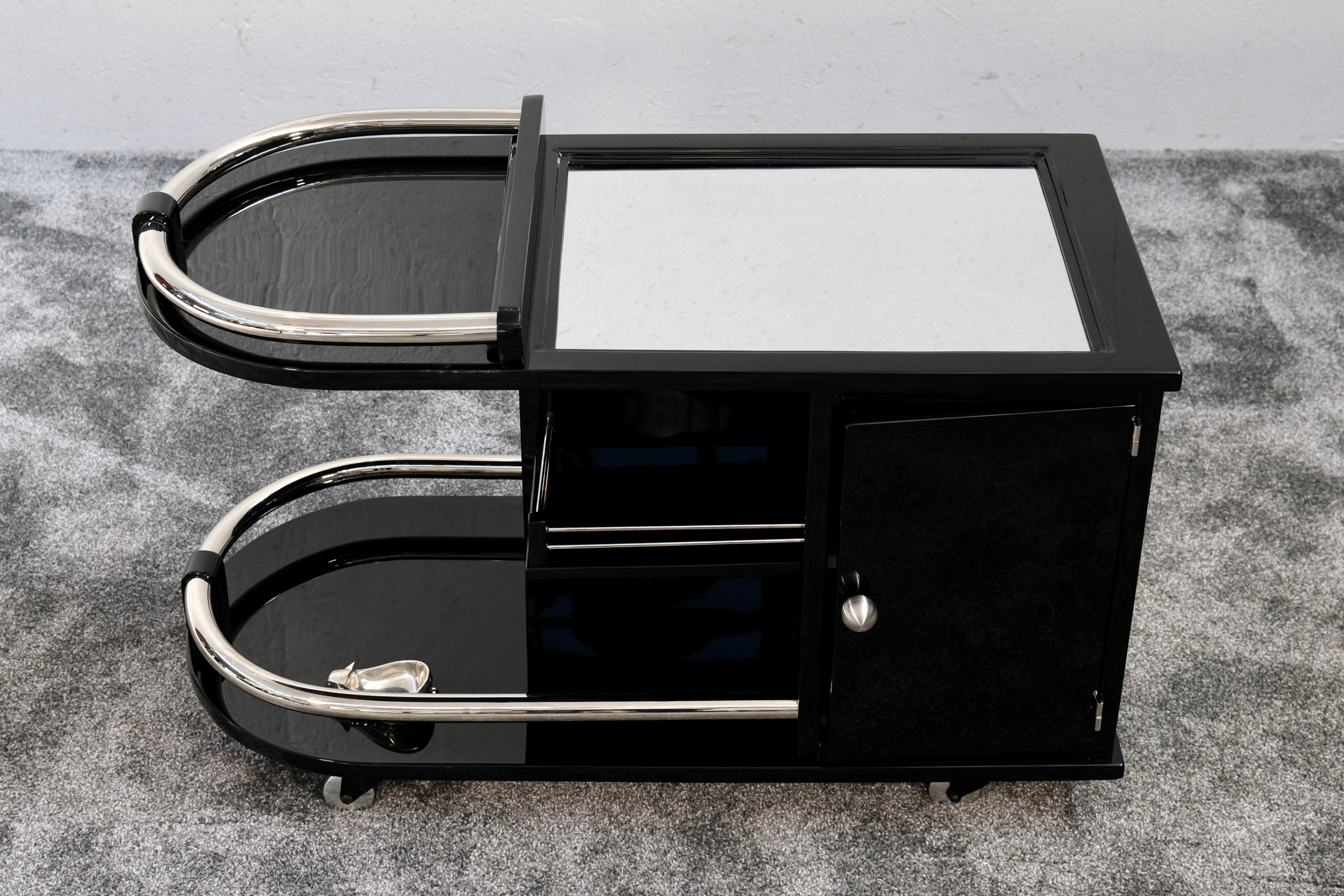 Blackened French Art Deco Black Lacquer Bar Cart with Chrome Rails and Storage, 1930s For Sale
