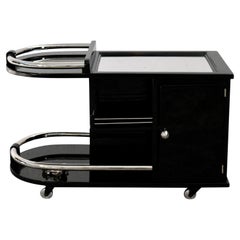 French Art Deco Black Lacquer Bar Cart with Chrome Rails and Storage, 1930s