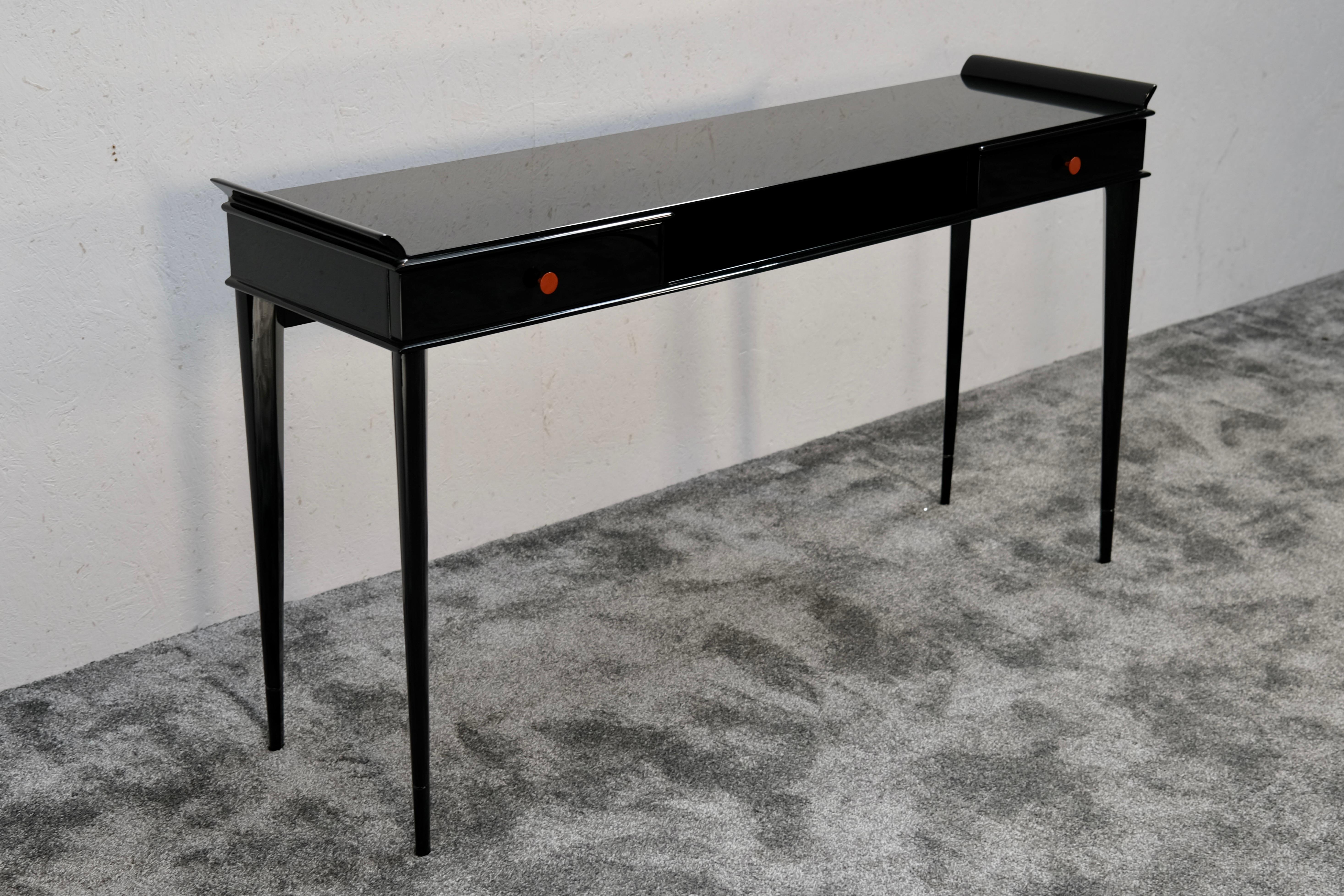 Französischer Art-Déco-Konsolen- oder Schreibtisch mit zwei Schubladen in schwarzem Lack, 1930er Jahre (Art déco) im Angebot