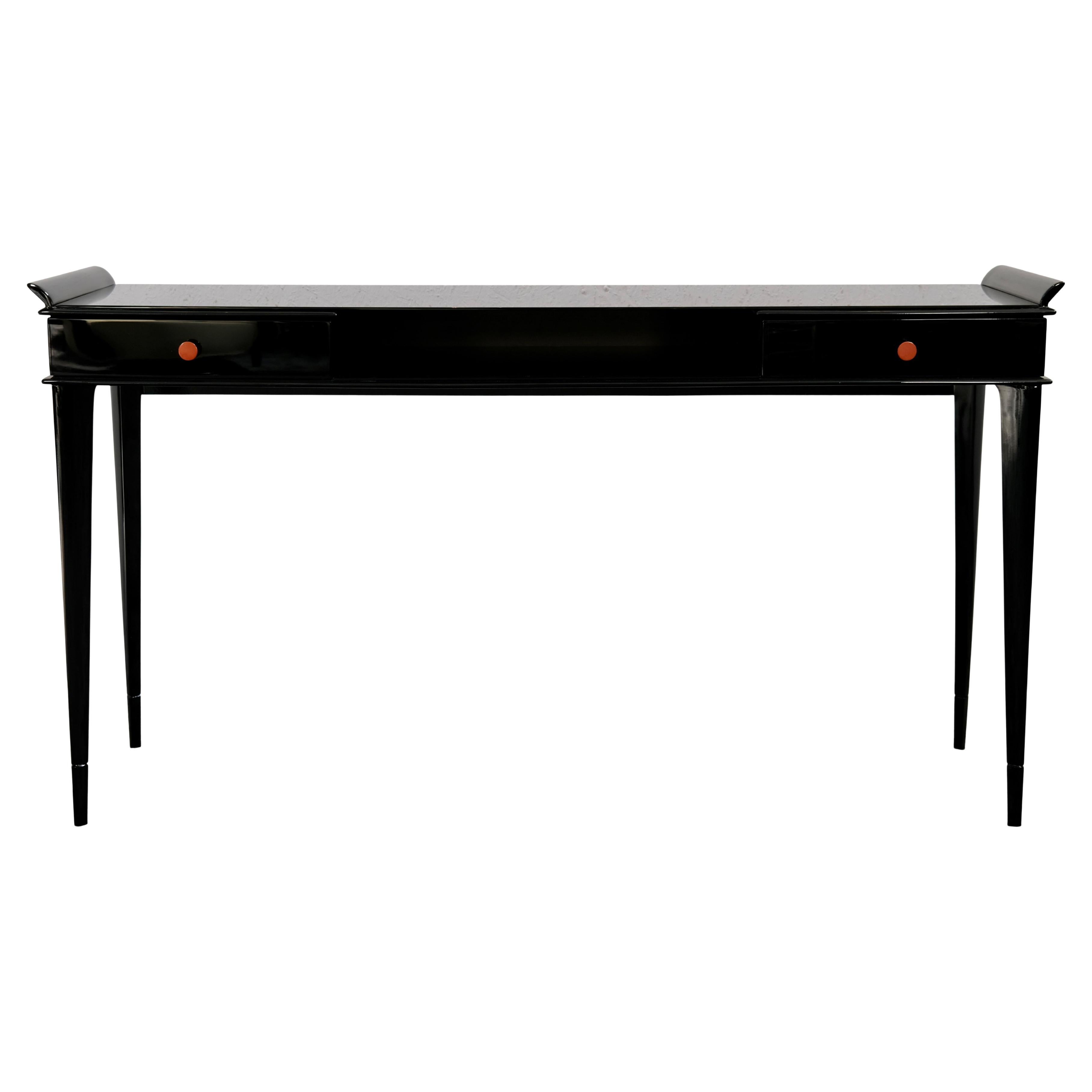Französischer Art-Déco-Konsolen- oder Schreibtisch mit zwei Schubladen in schwarzem Lack, 1930er Jahre im Angebot
