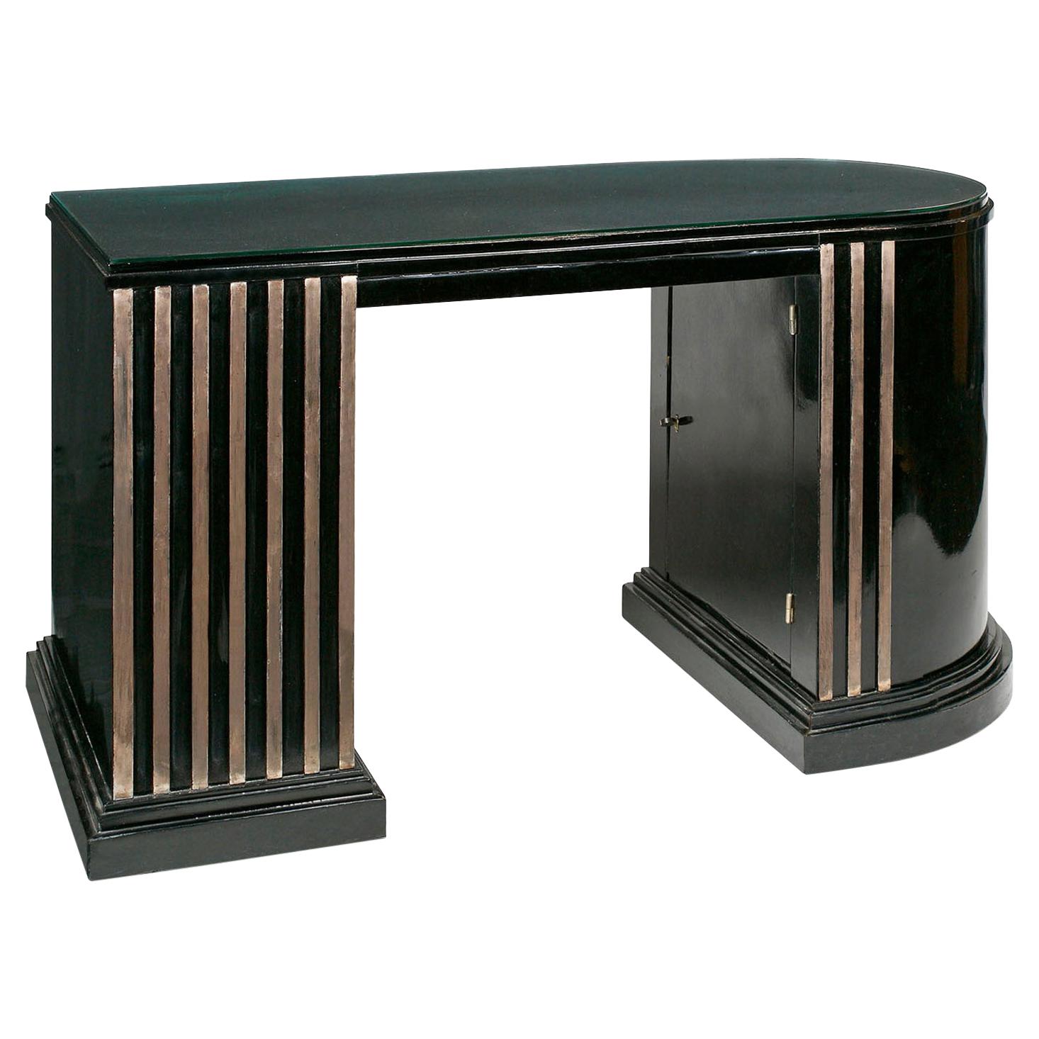 French Art Deco Black Lacquer Desk with White-Gold Leaf Details