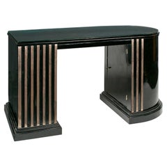 Vintage French Art Deco Black Lacquer Desk with White-Gold Leaf Details