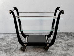 French Art Deco Black Lacquer Lyre-Shaped Bar Cart with Glass Shelves, 1930s
