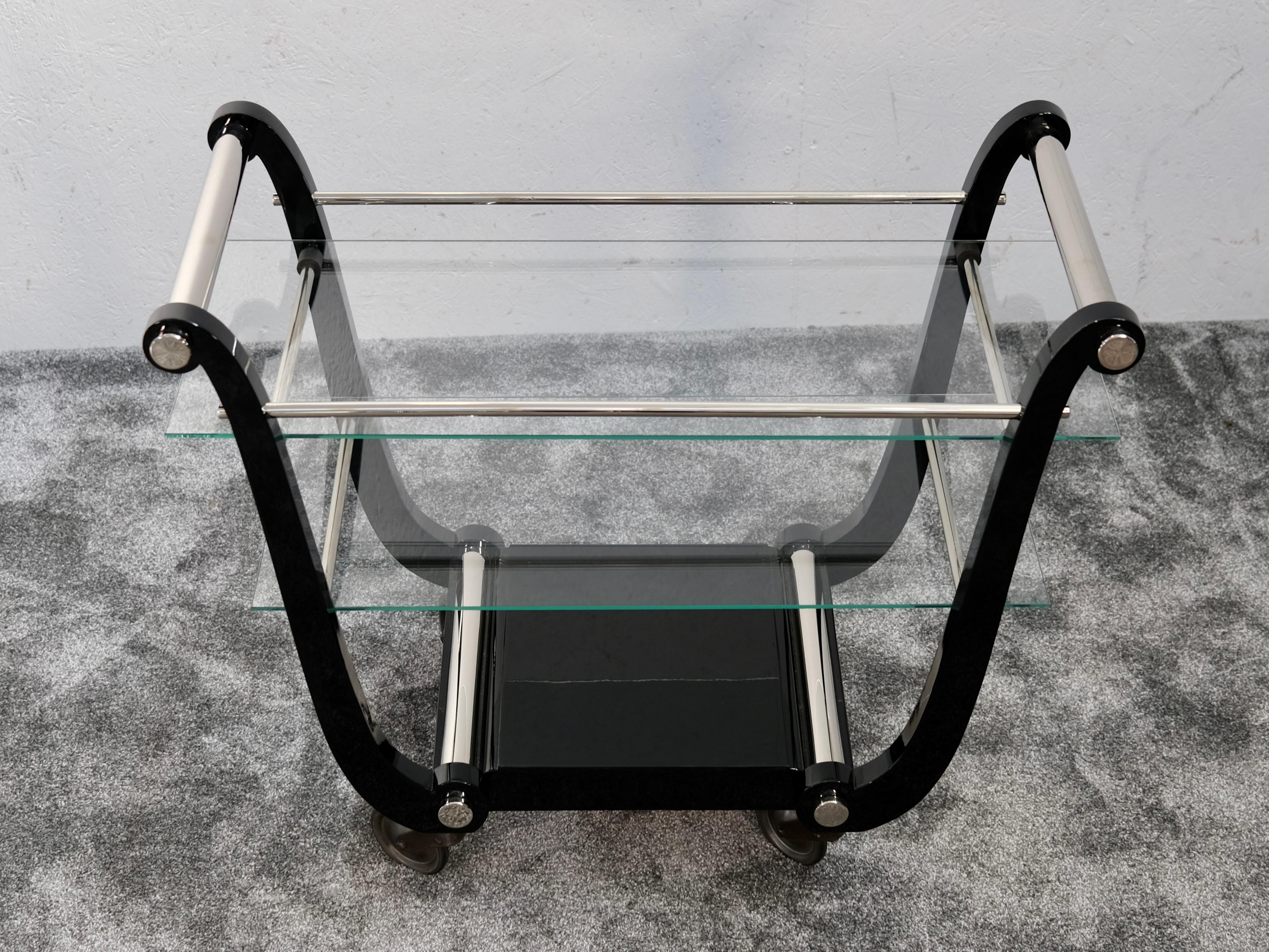 Blackened French Art Deco Black Lacquer Lyre-Shaped Bar Cart with Glass Shelves, 1930s For Sale
