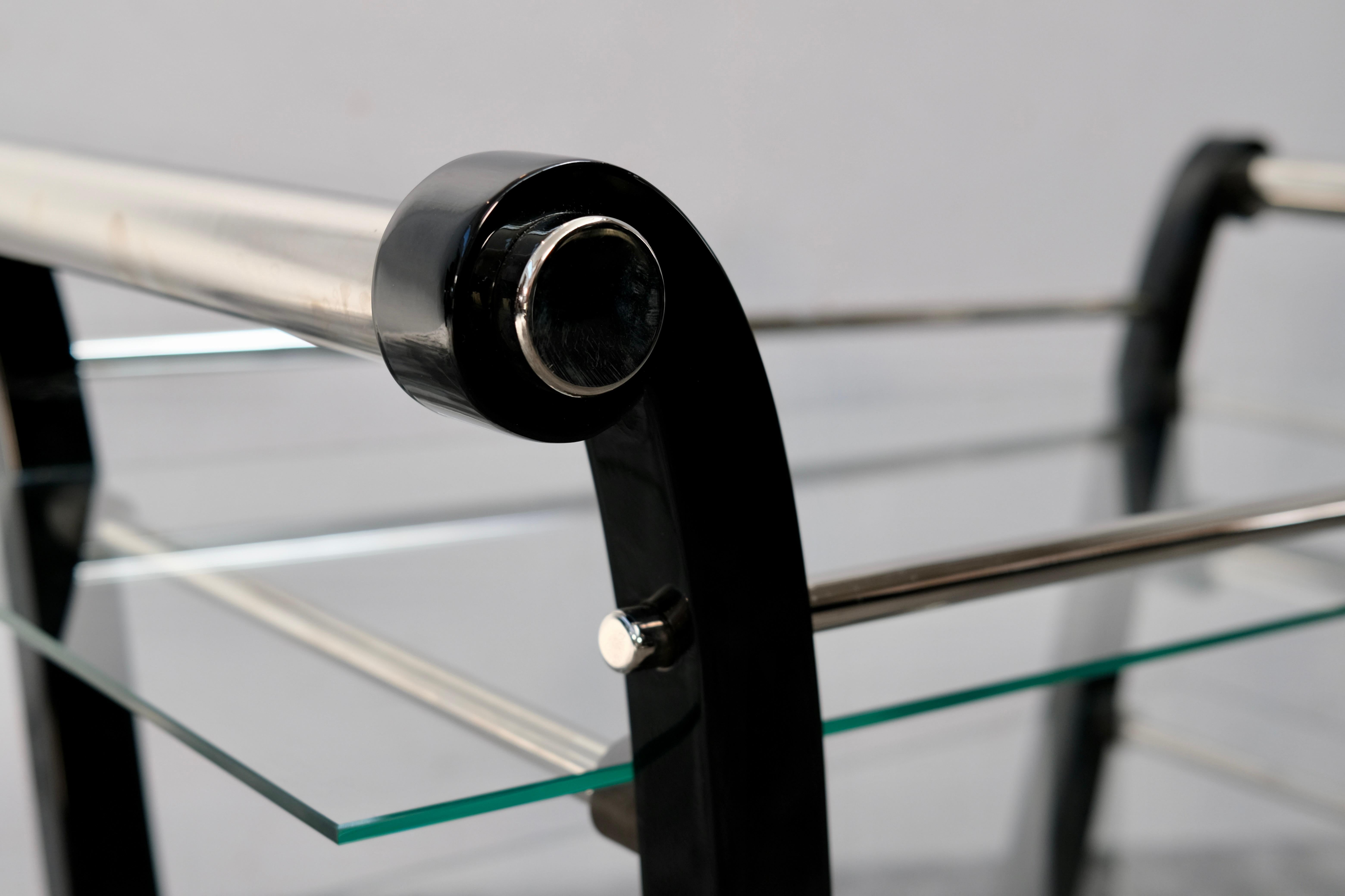 Brass French Art Deco Black Lacquer Lyre-Shaped Bar Cart with Glass Shelves, 1930s For Sale