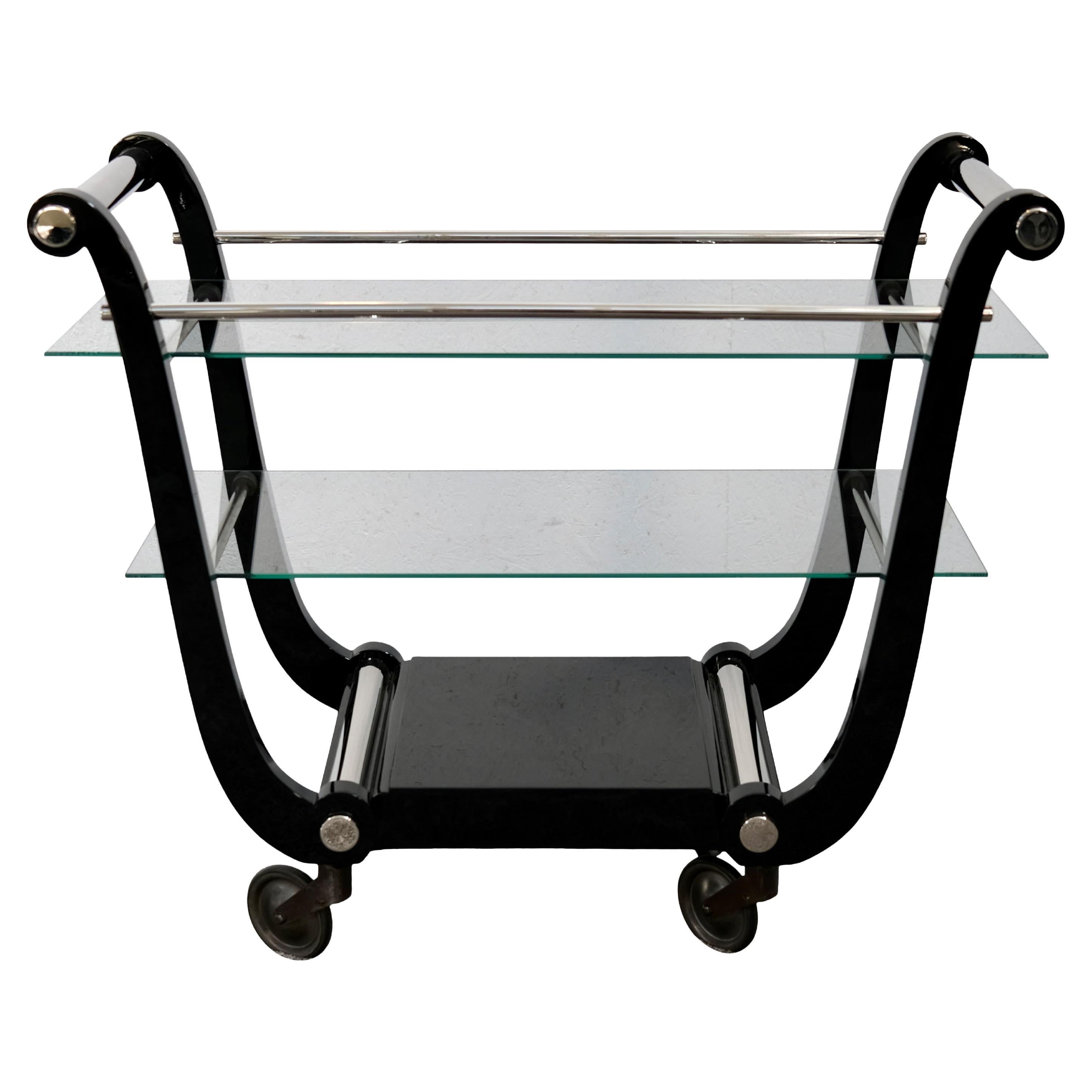 French Art Deco Black Lacquer Lyre-Shaped Bar Cart with Glass Shelves, 1930s For Sale