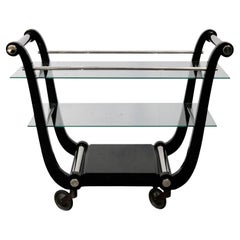 French Art Deco Black Lacquer Lyre-Shaped Bar Cart with Glass Shelves, 1930s