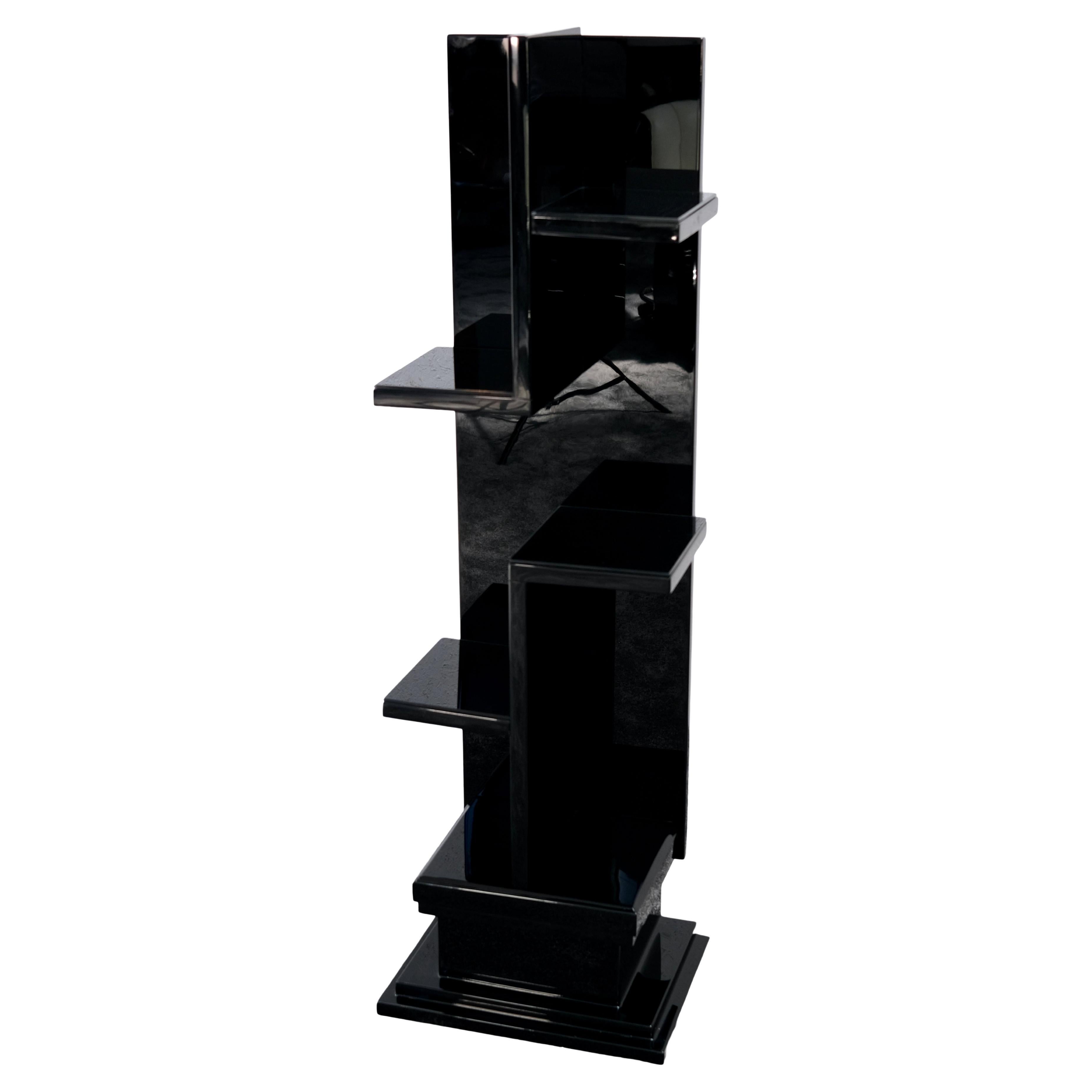 French Art Deco Black Lacquer Pedestal with Tiered Shelves, 1930s For Sale